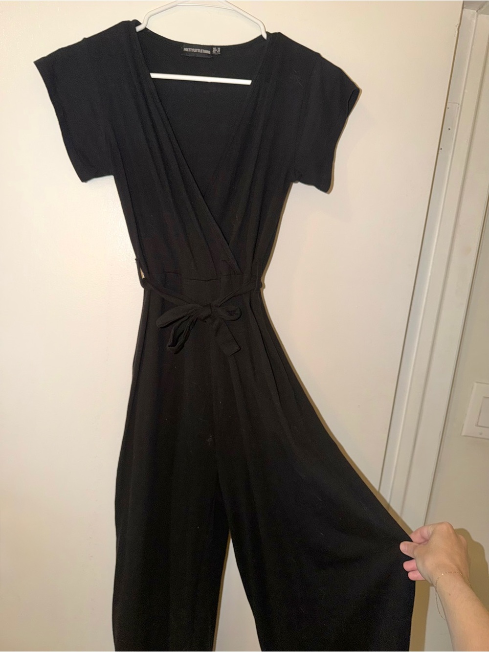 PrettyLittleThing Black Wrap-Front Jumpsuit with Self Tie